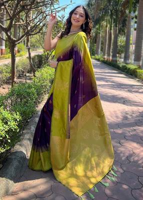 Wine yellow silk blend jacuard work festival saree with unstitched blouse piece 2