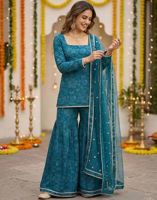 Teal green floral printed straight kurta set for women 5