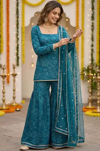 Teal green floral printed straight kurta set for women