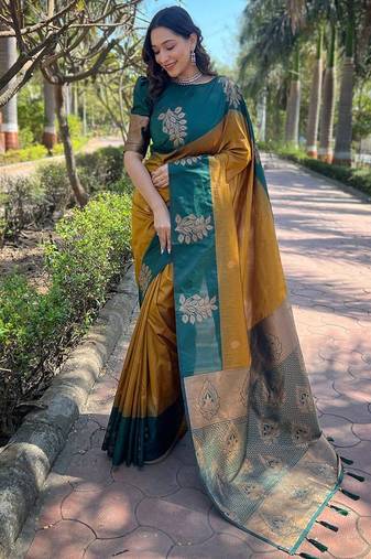 Yellow rama silk blend jacuard work festival saree with unstitched blouse piece
