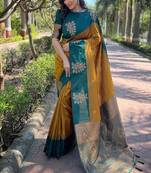 Yellow rama silk blend jacuard work festival saree with unstitched blouse piece