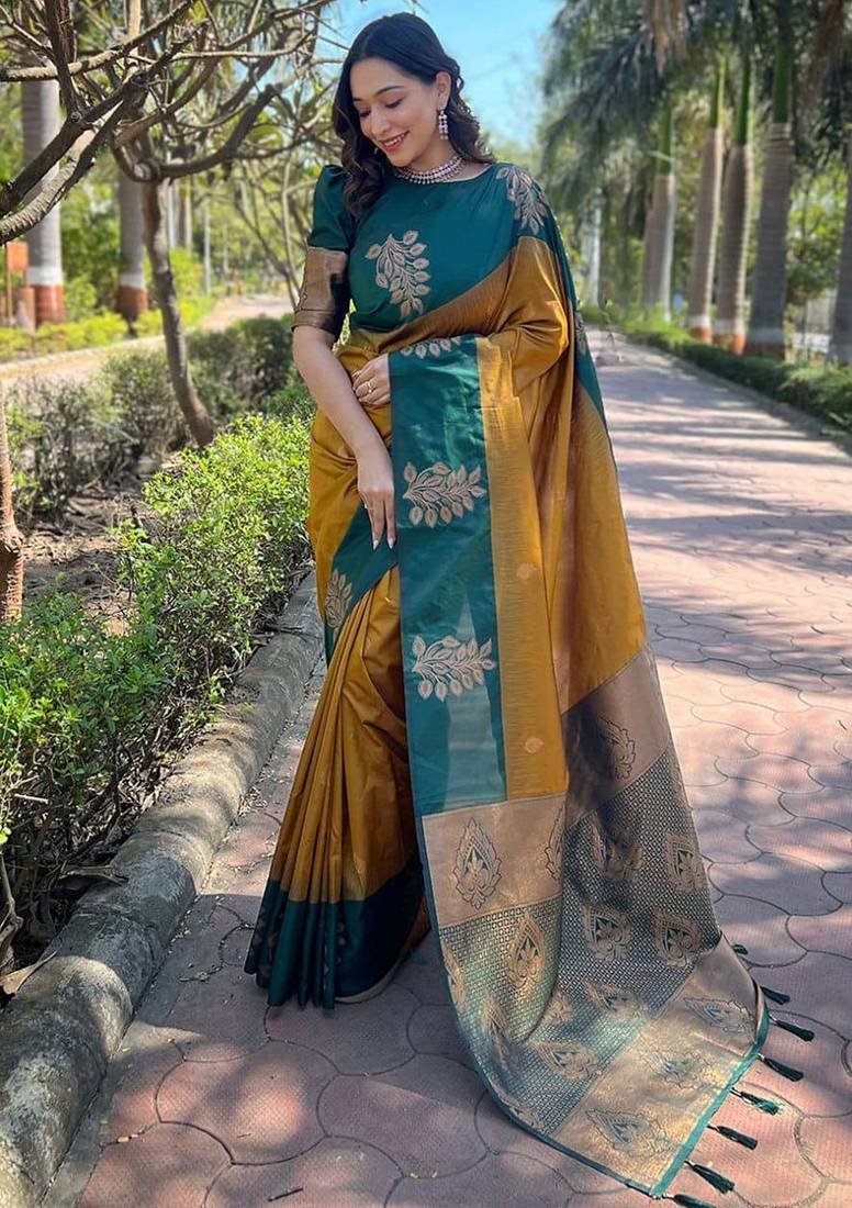 Yellow rama silk blend jacuard work festival saree with unstitched blouse piece