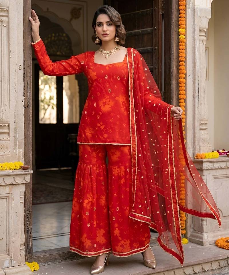 Red floral printed straight kurta set for women
