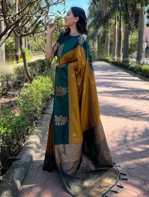 Yellow rama silk blend jacuard work festival saree with unstitched blouse piece 2