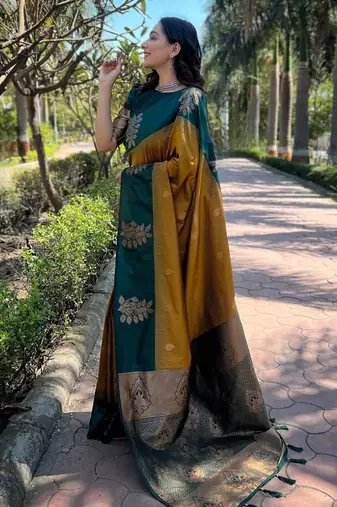Yellow rama silk blend jacuard work festival saree with unstitched blouse piece