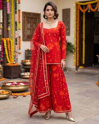 Red floral printed straight kurta set for women 3