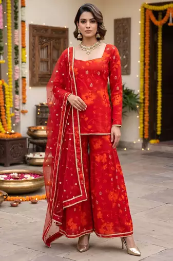 Red floral printed straight kurta set for women