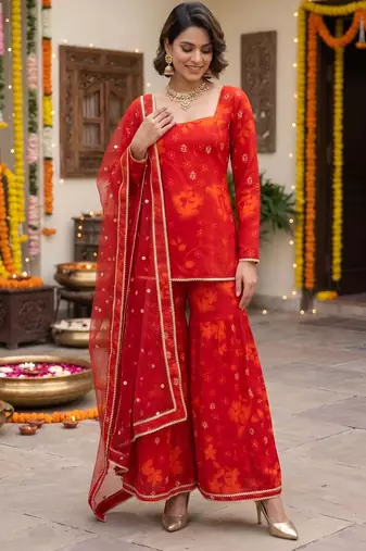 Red floral printed straight kurta set for women