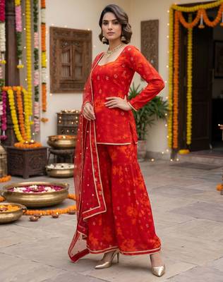 Red floral printed straight kurta set for women 5
