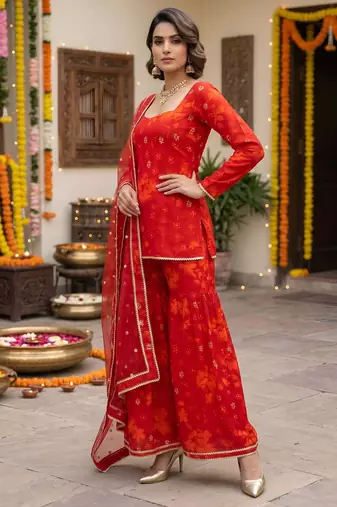 Red floral printed straight kurta set for women