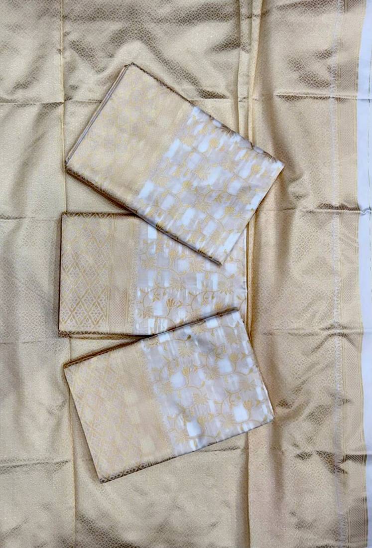 White silk blend jacuard work festival saree with unstitched blouse piece