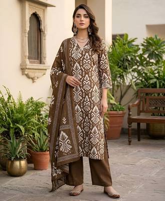 Brown floral printed straight kurta set for women 1