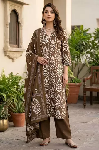 Brown floral printed straight kurta set for women