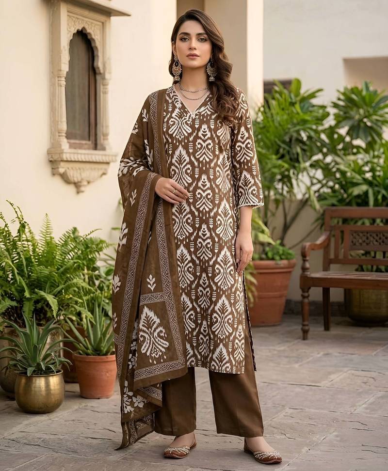 Brown floral printed straight kurta set for women