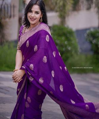Purple silk blend jacuard work festival saree with unstitched blouse piece 1