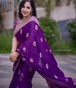Purple silk blend jacuard work festival saree with unstitched blouse piece