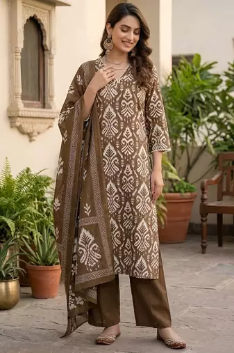 Brown floral printed straight kurta set for women