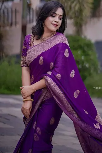 Purple silk blend jacuard work festival saree with unstitched blouse piece