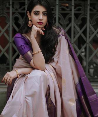 Beige wine silk blend jacuard work festival saree with unstitched blouse piece 1