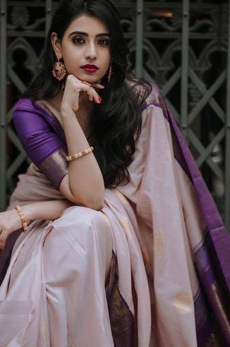Beige wine silk blend jacuard work festival saree with unstitched blouse piece