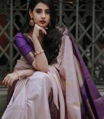 Beige wine silk blend jacuard work festival saree with unstitched blouse piece