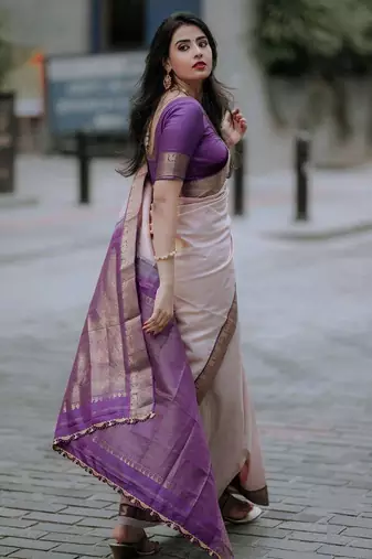 Beige wine silk blend jacuard work festival saree with unstitched blouse piece