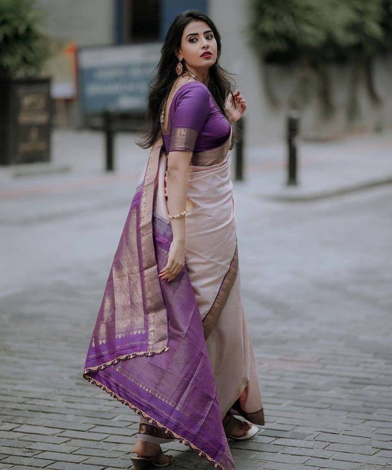 Beige wine silk blend jacuard work festival saree with unstitched blouse piece