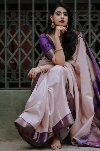 Beige wine silk blend jacuard work festival saree with unstitched blouse piece