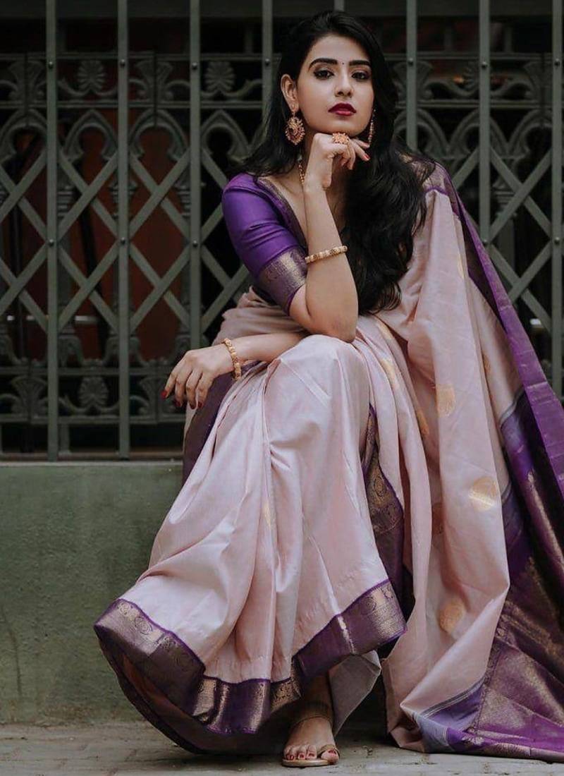 Beige wine silk blend jacuard work festival saree with unstitched blouse piece
