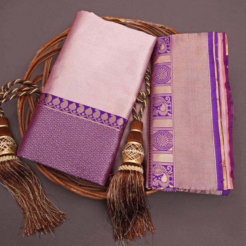 Beige wine silk blend jacuard work festival saree with unstitched blouse piece
