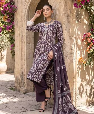 Purple floral printed straight kurta set for women 4