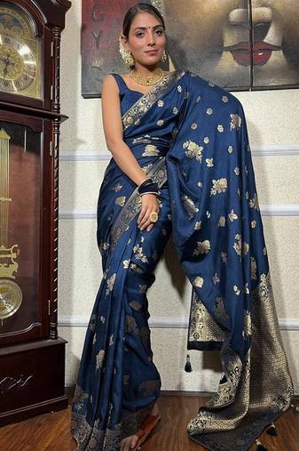 Blue silk blend jacuard work festival saree with unstitched blouse piece