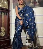 Blue silk blend jacuard work festival saree with unstitched blouse piece