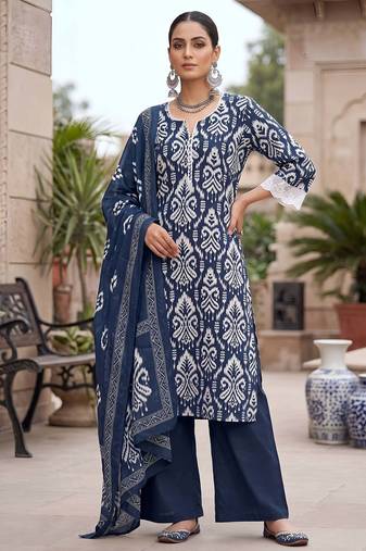 Blue floral printed straight kurta set for women