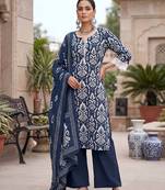 Blue floral printed straight kurta set for women