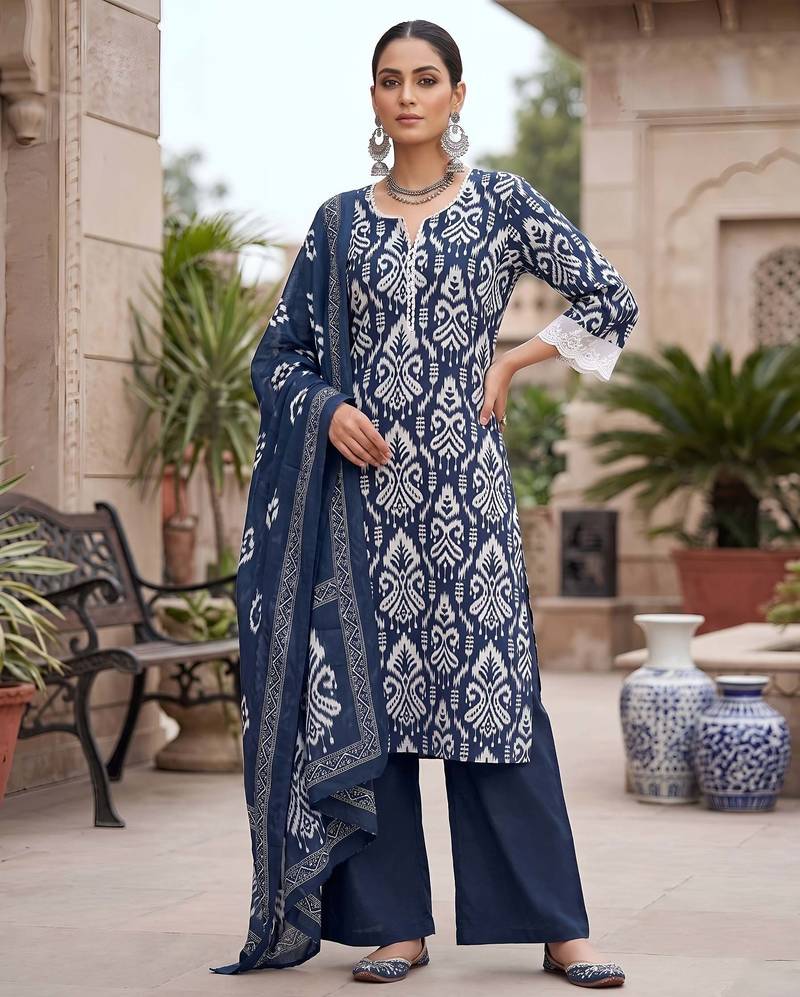 Blue floral printed straight kurta set for women