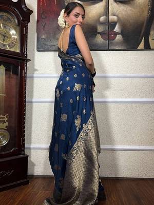 Blue silk blend jacuard work festival saree with unstitched blouse piece 2