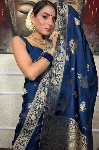 Blue silk blend jacuard work festival saree with unstitched blouse piece