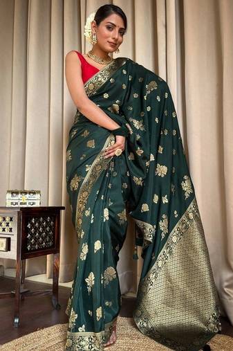 Green red silk blend jacuard work festival saree with unstitched blouse piece