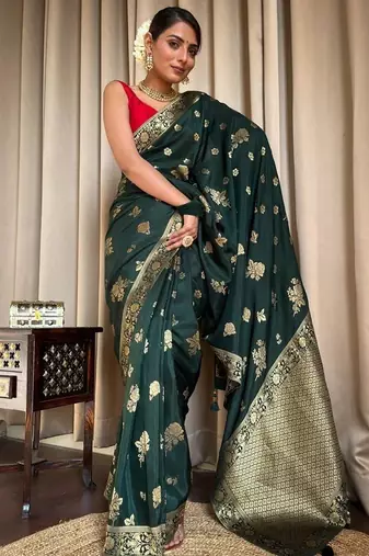 Green red silk blend jacuard work festival saree with unstitched blouse piece