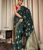 Green red silk blend jacuard work festival saree with unstitched blouse piece