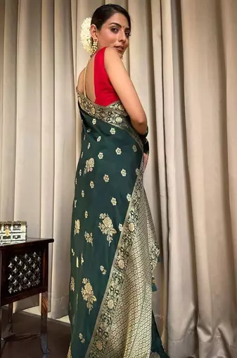 Green red silk blend jacuard work festival saree with unstitched blouse piece