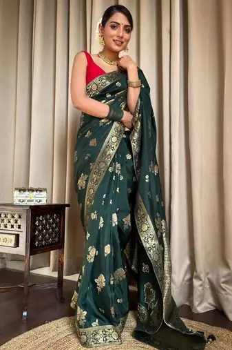 Green red silk blend jacuard work festival saree with unstitched blouse piece