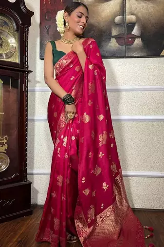 Pink green silk blend jacuard work festival saree with unstitched blouse piece