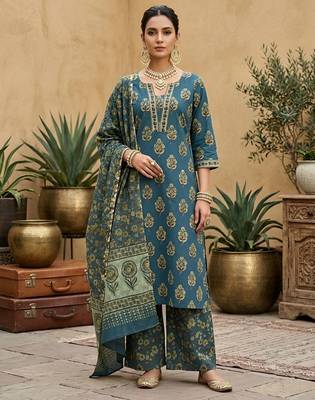 Teal green floral printed straight kurta set for women 1