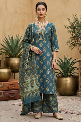 Teal green floral printed straight kurta set for women