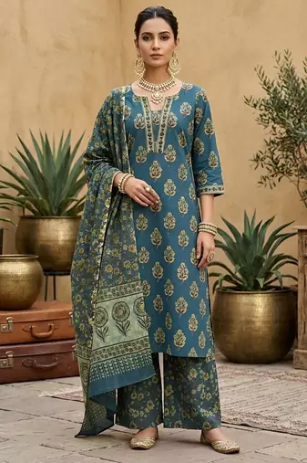 Teal green floral printed straight kurta set for women