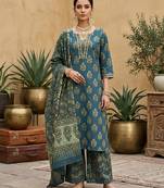 Teal green floral printed straight kurta set for women