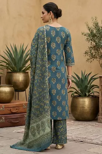 Teal green floral printed straight kurta set for women
