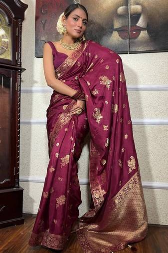 Wine silk blend jacuard work festival saree with unstitched blouse piece